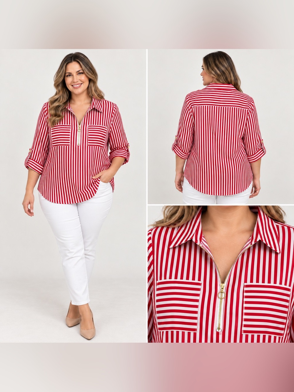 Notations Red & Pink Vertical Stripe Zip-Front Shirt size XL Roll Tab Sleeves